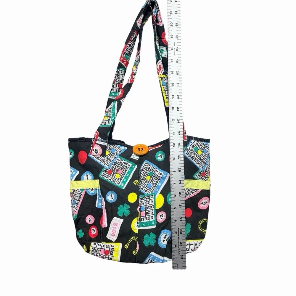Bingo Print Tote Bag Black Multicolor Shoulder Bag Lucky Clover‎ Casino Theme